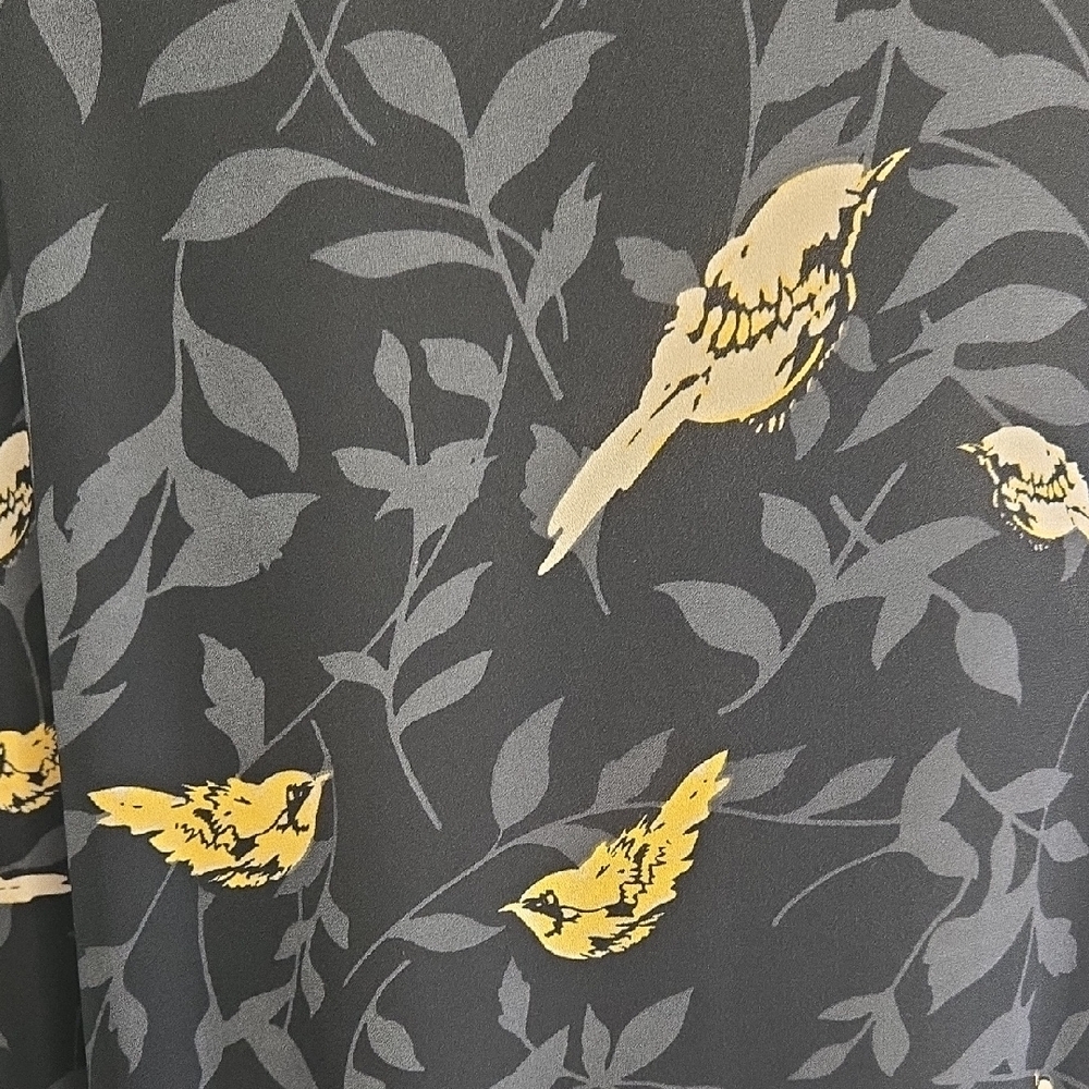 Charter Club Bird Print Blouse XL Bell Sleeve Pom Pom Trim Black Button Top Boho - Picture 4 of 7